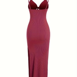 Sexy Spaghetti Strap Ribbed Knot Cutout Side Split Maxi Dress, Solid Body-Con Dress For Spring & Fall, Women's Clothing