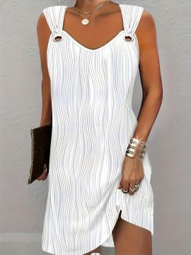 Womens V Neck Sleeveless Mini Dress - Casual Wavy Stripe Solid Dress for Summer