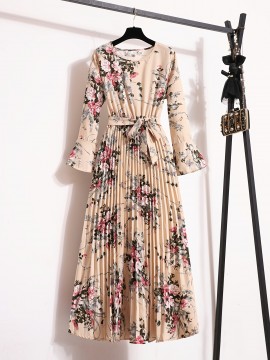 Floral Print Pleated Dress, Crew Neck Elegant Long Sleeve Maxi Dress, Women's Clothing
